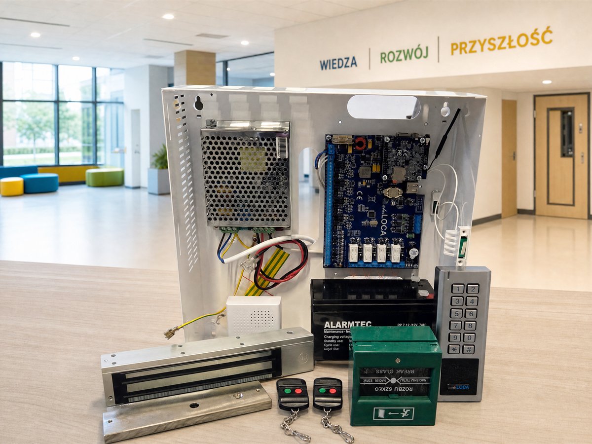 Komplet urządzeń kontroli dostępu eduLOCA: centrala w obudowie z zasilaczem i akumulatorem, zwora elektromagnetyczna, czytnik z klawiaturą, przycisk ewakuacyjny i piloty zdalnego otwierania
