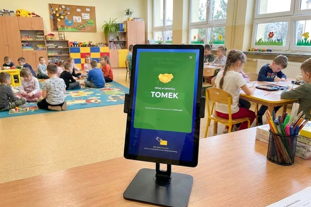 Terminal w świetlicy potwierdza zapisanie wejścia komunikatem powitalnym