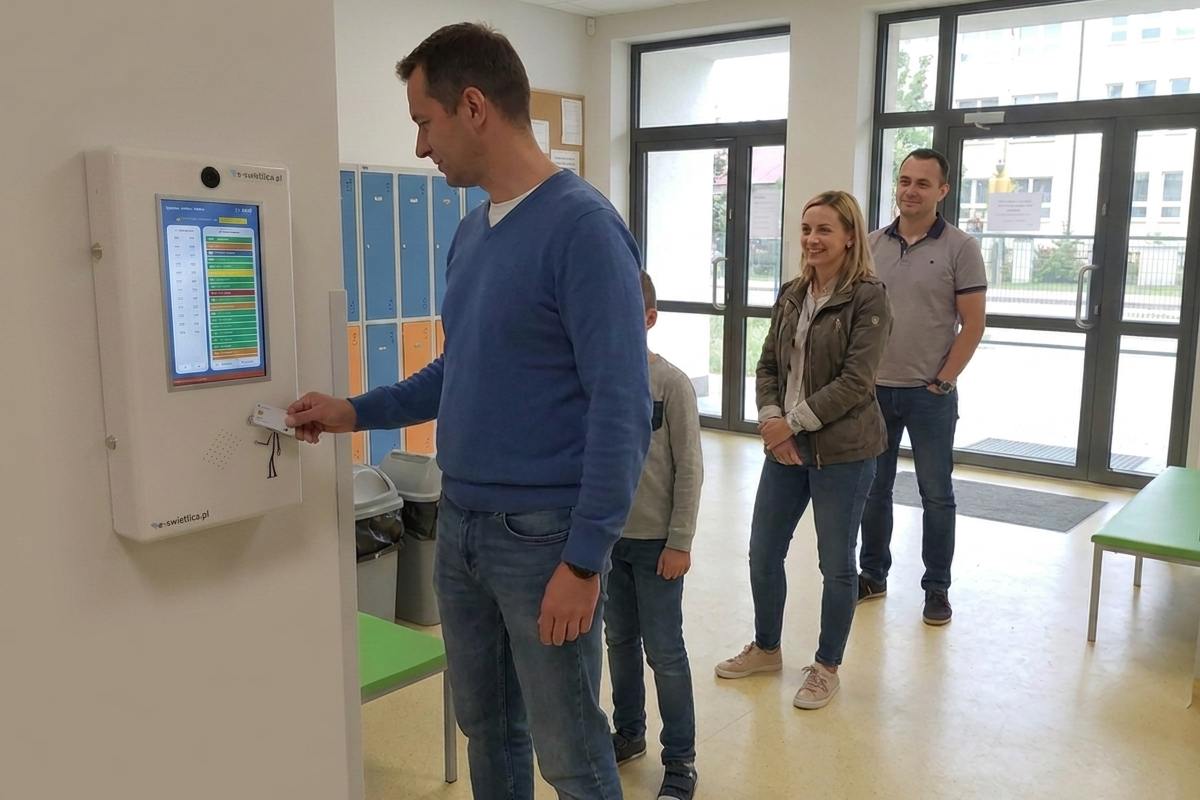 Rodzic przykłada kartę zbliżeniową do czytnika przy wejściu do szkoły